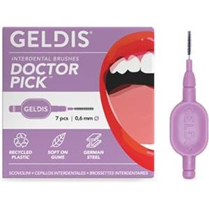 GELDIS Scovolini Dentali Doctor Pick - Scovolino Interdentale per Pulizia Denti, Scovolino Denti per Igiene Dentale, Rimuovi Tartaro Denti, 7 pezzi - Con Cappuccio (Viola, 0,6mm)
