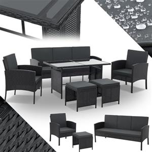 Juskys Salotto da Giardino in Rattan Torino - Set 6 pezzi - 7 persone - Arredo da esterno con poltrone, sgabelli, tavolo & cuscini - Nero