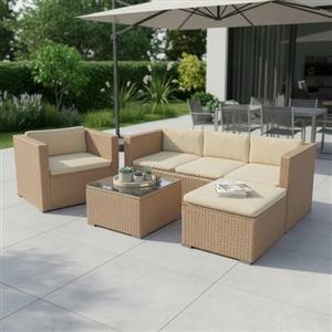 Juskys Lounge in polyrattan Punta Cana L resistente alle intemperie con divano, poltrona, sgabello, tavolo e cuscini - 4-5 persone - set di mobili da giardino lounge crema/sabbia