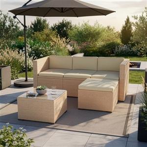 Juskys Lounge in polyrattan Punta Cana M resistente alle intemperie con divano, poltrona, sgabello, tavolo e cuscini - 3-4 persone - set di mobili da giardino lounge crema/sabbia