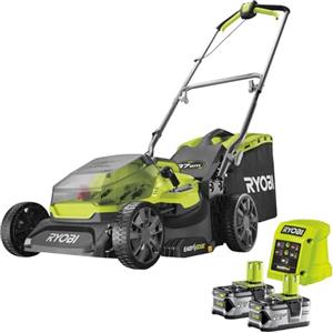 Ryobi Tagliaerba a Batteria 18V ONE+ 37 cm, Taglio fino a 550 m², Regolazione Centralizzata 25-75 mm, Raccolta e Mulching, 2 Batterie 4,0 Ah e Caricatore Inclusi, RY18LM37A-240