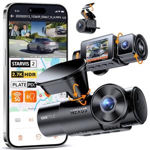 VANTRUE N4S Tripla Dashcam Auto 2.7K+2.5K+2.5K Anteriore Interno Posteriore, 5GHz WiFi GPS Camera Infrarosso, 3 Canuax HDR 360 Gradi, Controllo Vocale Francese, 10s Pre-Registrazione, Max 1 TB