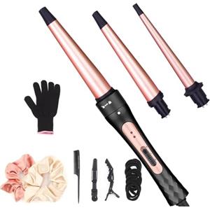 JAETON Ferro Arricciacapelli Set 3 in 1, JAETON Ferro Arricciacapelli Professionale in Ceramica con 3 Ferri di Diverso Diametro, con guanti, per ricci stretti, onde da spiaggia, ricci naturali scompigliati