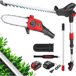 TEENO Tagliasiepi Elettrico,2 in 1 Tagliasiepi Estensibile e Motosega,Batteria 20V 4000mAh Inclusa,Impugnatura Principale Regolabile,Testa Inclinabile, Motore Brushless da 42 cm,Tracolla in Dotazione