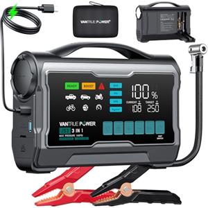 VANTRUE POWER JS3 3250A Avviatore con Compressore d'Aria 160 PSI, Booster per Batteria Auto 12V con Display da 9", Power Bank con Ricarica Rapida 65W, Luce LED 400 Lumen - per Motori Benzina 8,0 L/Diesel 3,8 L