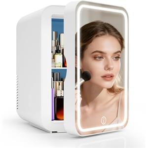 YU YUSING Mini frigorifero con specchio a LED, 8 litri, frigorifero cosmetico con luce a LED, specchio per trucco, 12 V/220 V, retro piccolo, funzione di raffreddamento/riscaldamento per auto,