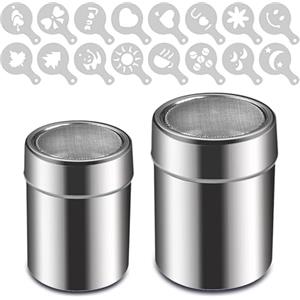 VIVIIHOO Set di 2 Shaker per Zucchero a Velo e Cacao, Acciaio Inox con 16 Stencil Latte Art, Setacciatore per Farina, Cannella, Cottura, Lavabile