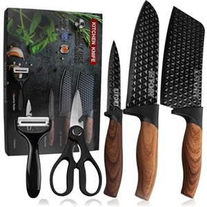 Kitory Set 5 Coltelli da Cucina, Rivestimento Nero Antiaderente, Mannaia 18cm, Coltello Chef 20cm, Forbici e Sbucciatore, Acciaio Inox Alto Carbonio