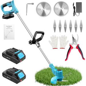 LEEIKOO Decespugliatore a Batteria 21V, Tagliabordi a Batteria con 2 Batterie 2,0Ah, 2 Tipi di Lame in Metallo Tagliaerba Elettrico, Forbici Potatura, Angolazione Regolabili per Giardino Potatura (Blu)