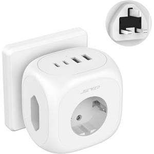 JSVER Adattatore da Viaggio Universale JSVER con 2 Porte USB-C e 2 USB-A,3 Prese CA con Porte di Ricarica Rapida (5V, 3A), Multipresa 7 in 1 con Spina di Tipo G,3250W (max 13A) per Regno Unito-Bianco