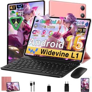 UJJ 2026 Gemini AI Tablet 10 Pollici Android 15, 64GB ROM + 2TB TF, Octa-Core2.0GHz, 1280*800 FHD IPS, WiFi,Widevine L1, 5MP+8MP, Bluetooth 5.0, Tablet con Tastiera, Mouse, Custodia Protettiva - Oro Rosa