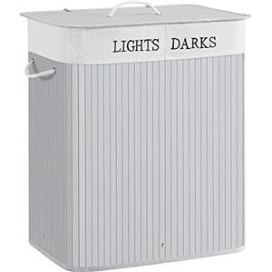 SONGMICS Cesto Portabiancheria, 100 L, Cesta per il Bucato a 2 Scomparti, in Bambù, Coperchio e Maniglie, Pieghevole, Sacchetto Estraibile e Lavabile, Lavanderia, Camera da Letto, Grigio LCB064G03