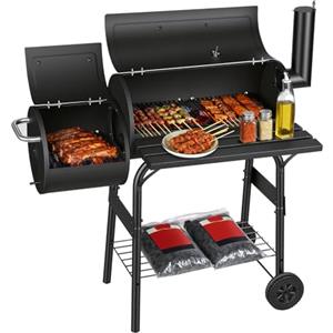 Jaxguom Barbecue a carbonella multifunzione con termometro, affumicatore e funzione grill, griglia con coperchio, ruote, carrello per barbecue con regolazione dell'aria