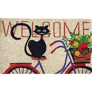 Baroni Home Zerbino da Esterno in Fibra di Cocco con Base in PVC Antiscivolo, Tappeto da Esterno Dipinto a Mano Facile da Pulire e Ultraresistente, Zerbino Ingresso 70x40x2 cm, Gatto su Bici