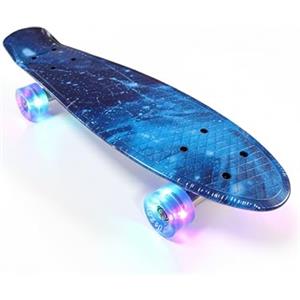 Baroni Toys Skateboard per Bambini dai 3 Anni, Skate Completo con Ruote LED Luminose Senza Batterie, Strumento T-Tool per Regolazione Intergato, 56x14,5x12 cm (Blu)