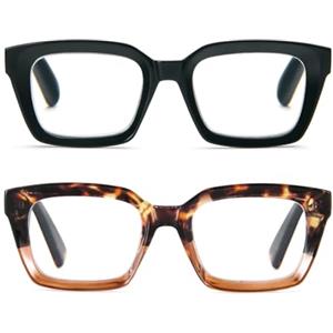 MMOWW Confezione da 2 Occhiali da Lettura Rettangolari - Oversized Square Frame Anti Luce Blu Occhiali donna uomo (Nero+Tartaruga, +2.0)