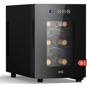 WIE Cantinetta Vino Piccola 6 Bottiglie - Mini Frigo con Porta in Vetro 4-16°C, Frigorifero per Vino con LED, Pannello Touch, 3 Livelli, <42 dB, per Casa, Bar, Camera