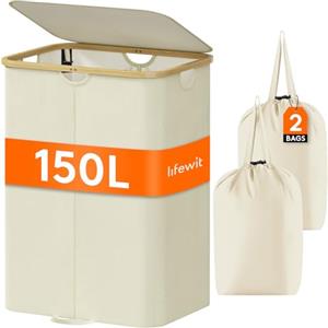 Lifewit Cesto Portabiancheria Salvaspazio, Cesta Biancheria Sporca con Coperchio, Porta Biancheria Sporca Slim per Bagno, Laundry Basket per Camera da Letto, Bagno, Lavanderia, 150 L, Beige