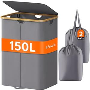 Lifewit Cesto Portabiancheria Salvaspazio, Cesta Biancheria Sporca con Coperchio, Porta Biancheria Sporca Slim per Bagno, Laundry Basket per Camera da Letto, Bagno, Lavanderia, 150 L, Grigio