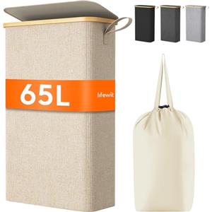 Lifewit Cesto Portabiancheria Salvaspazio, Cesta Biancheria Sporca con Coperchio, Porta Biancheria Sporca Slim per Bagno, Laundry Basket per Camera da Letto, Bagno, Lavanderia, 65 L, Beige