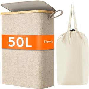 Lifewit Cesto Portabiancheria Salvaspazio, Cesta Biancheria Sporca con Coperchio, Porta Biancheria Sporca Slim per Bagno, Laundry Basket per Camera da Letto, Bagno, Lavanderia, 50 L, Beige