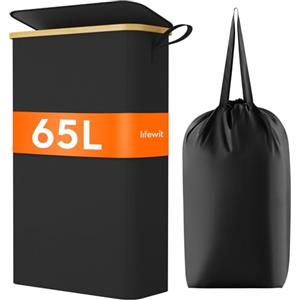 Lifewit Cesto Portabiancheria Salvaspazio, Cesta Biancheria Sporca con Coperchio, Porta Biancheria Sporca Slim per Bagno, Laundry Basket per Camera da Letto, Bagno, Lavanderia, 65 L, Nero