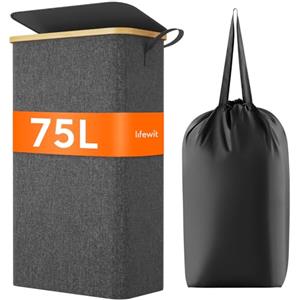 Lifewit Cesto Portabiancheria Salvaspazio, Cesta Biancheria Sporca con Coperchio, Porta Biancheria Sporca Slim per Bagno, Laundry Basket per Camera da Letto, Bagno, Lavanderia, 75 L, Grigio Scuro