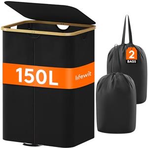 Lifewit Cesto Portabiancheria Salvaspazio, Cesta Biancheria Sporca con Coperchio, Porta Biancheria Sporca Slim per Bagno, Laundry Basket per Camera da Letto, Bagno, Lavanderia, 150 L, Nero