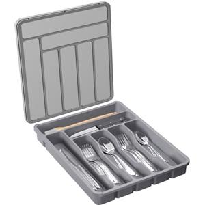 Lifewit Portaposate con Coperchio, Contenitore Porta Posate da Cassetto per Cucina, Organizer in Plastica per Cassetto per Cucchiai, Forchette, Coltelli, 7 Scomparti, Grigio
