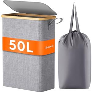 Lifewit Cesto Portabiancheria Salvaspazio, Cesta Biancheria Sporca con Coperchio, Porta Biancheria Sporca Slim per Bagno, Laundry Basket per Camera da Letto, Bagno, Lavanderia, 50 L, Grigio