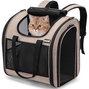 Pecute Zaino per Gatti & Cucciolo,con Disegno Ampliato e Design Ventilato, Pieghevole, con Cinghia di Sicurezza, Cachi