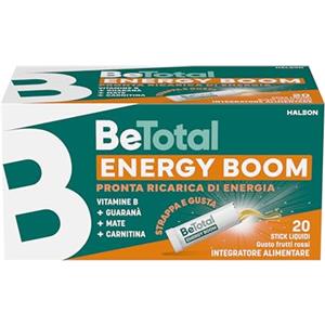 Be-Total Betotal Energy Boom, Integratore Alimentare con Vitamine B, Guaranà, Mate e Carnitina, effetto tonico per ricaricare le energie in caso di stanchezza, Gusto Frutti Rossi, 20 stick liquidi