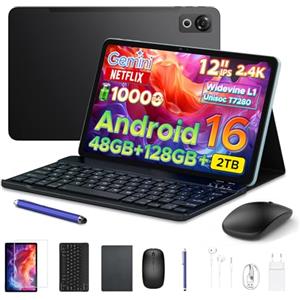 POPUX P12 Android 16 Tablet 12 Pollici, T7280 Octa-Core, 48GB RAM+128GB ROM/2TB TF, IPS 2.4K Display 120 Hz, 10000 mAh,WiFi5, 8MP+13MP,Gemini AI, Tablet con Tastiera, Face ID/GPS/OTG/FM, Nero
