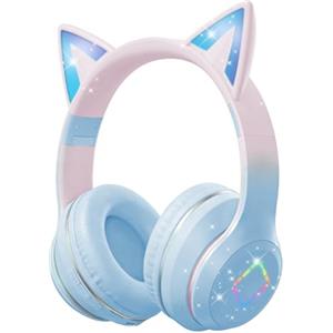 Caijin Cuffie Bluetooth Bambini, Orecchie di Gatto LED, Bluetooth 5.3 Stereo, Fascia Regolabile, Limite Volume 85dB, Pieghevoli, Modalità TF/Kabellato/Bluetooth, Compatibili con PC, Telefono, iPad