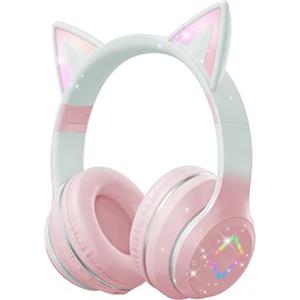 Caijin Cuffie Bluetooth Bambini, Orecchie di Gatto LED, Bluetooth 5.3 Stereo, Fascia Regolabile, Limite Volume 85dB, Pieghevoli, Modalità TF/Kabellato/Bluetooth, Compatibili con PC, Telefono, iPad