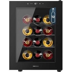 Cecotec Cantina per vino Bolero GrandSommelier 1255 CoolCrystal E, Capacità 12 Bottiglie, Ripiani in metallo, Controllo Touch, Temperatura 8-18ºC, Nero