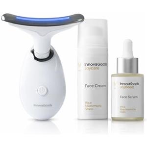 InnovaGoods - Confezione massaggiatore viso elettrico rassodante per viso e collo con LED, EMS e calore, siero viso Rice Joyboost 30 ml e crema viso idratante Rice Joycare 50 ml