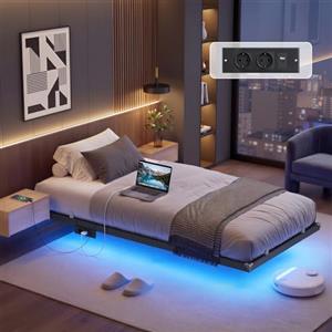 VASAGLE Struttura Letto 90 x 190 cm con LED, Effetto Fluttuante, Multipresa Rimovibile, 2 Prese AC, 1 Porta USB-C, 1 Porta USB-A, 1 Porta USB-A sul Retro, Portata 250 kg, Nero Inchiostro RMB171B101