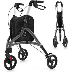 COSTWAY Deambulatore per Anziani in Alluminio Ultraleggero a 3 Ruote, Rollator per Anziani Pieghevole e Regolabile in 6 Livelli 86-96 cm con Borsa e Ruote Bloccabili, Portata 136 kg (Grigio)