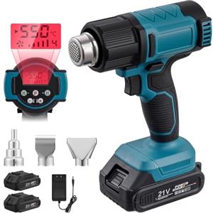 Teodute 21V Pistola Termica a Batteria, 350W Pistola Aria Calda, Riscaldamento Rapido 5s Fino a 550℃, Protezione Contro Surriscaldamento, 3 Ugelli, per Rimozione Vernice e Sbrinamento Tubi