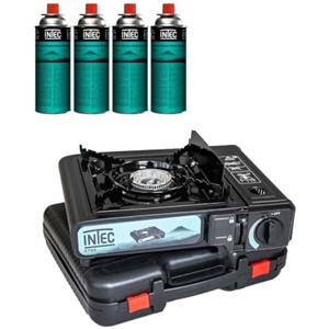 INTEC - Fornello a gas portatile ETNA 2200 W (piezo/valigetta) | Mega Kit con 4 cartucce butano incluse | L'attrezzatura ideale per campeggio, escursionismo e viaggi stradali.