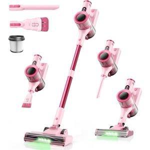Dzaki Aspirapolvere Senza Fili 50KPa/55Min, Scopa Elettrica con Luce LED Verde, Spazzola Antigroviglio, Display LED, Autoportante, HEPA 5 Stadi, 2,7kg per Pavimenti/Tappeti/Peli Animali (Rosa)