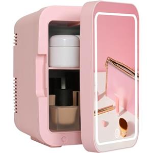 YU YUSING Frigorifero Piccolo da 4L con Specchio LED, Frigo Portatile 12 V/220 V Cosmetico con Raffreddamento/Riscaldamento, Mini Frigo da Camera da Letto, Ufficio, Auto, Campeggio, Rosa