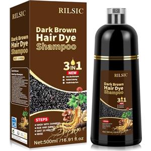 RILSIC Shampoo Colorante Donna Uomo, 500ML Shampoo Colorante Bianchi, Hair Dye 3 in 1, Tintura per Capelli Bianchi Istantaneo, Colore e Duratura, Tinta Capelli per Uomini Donne (Marrone Scuro)