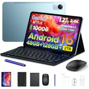 POPUX P12 Tablet 12 Pollici 2.4K Tablet Android 16 con Gemini AI, 48GB+128GB/2TB, T7280 Octa-Core Tablet con Penna 120Hz Display, 10000mAh, 13MP+8MP, Face ID, Widevine L1, GPS, Tastiera, Blu