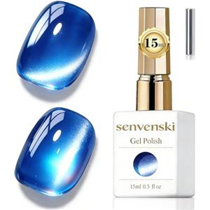 Senvenski Gelatina Vetro Cat Eye Smalto Semipermanente, 15ML Occhi di Gatto Magnetica per Gel Unghie Kit Olografico Glitterato Cristallo Smalti Unghie Salon Home DIY (Blu, 0.5fl oz)