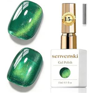Senvenski Gelatina Vetro Cat Eye Smalto Semipermanente, 15ML Occhi di Gatto Magnetica per Gel Unghie Kit Olografico Glitterato Cristallo Smalti Unghie Salon Home DIY (Verde Smeraldo, 0.5fl oz)