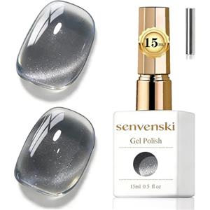 Senvenski Gelatina Vetro Cat Eye Smalto Semipermanente, 15ML Occhi di Gatto Magnetica per Gel Unghie Kit Olografico Glitterato Cristallo Smalti Unghie Salon Home DIY (Nero, 0.5fl oz)