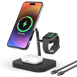 Boaraino Caricatore Wireless Magnetica, 3 in 1 Stazione di Ricarica Wireless Compatibile coniPhone 17/17 Pro/17 Pro Max /16/15/14/13/12, Apple Watch 11/10/9/8/7/6/SE/5/4/3, AirPods 2/3/4/Pro