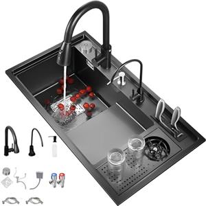 OMGMTSTORE Lavello da cucina, 86 x 50 cm, 1 vasca, con gradino, lavello nano nero, in acciaio inox, multifunzione, con rubinetto da cucina estensibile 3 in 1, dispenser di sapone, sifone, pulsante di controllo